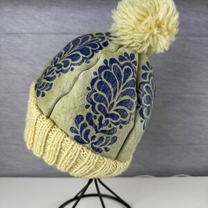Vintage Suede Leather Shearling Hat Blue Print‎ Knit Trim Wool Pom Beanie Winter